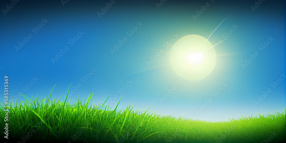Beautiful natural landscape of a green field with grass against a blue sky with sun