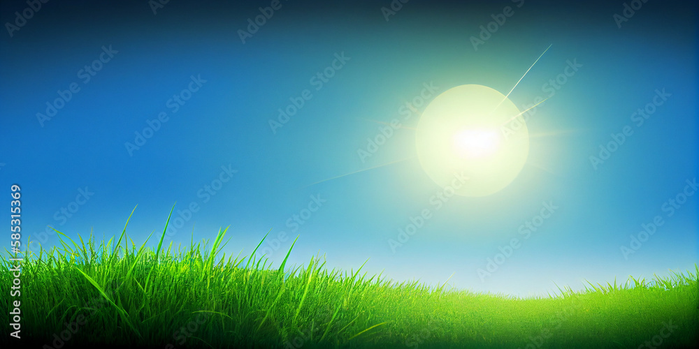 Beautiful natural landscape of a green field with grass against a blue sky with sun Beautiful natural landscape of a green field with grass against a blue sky with sun