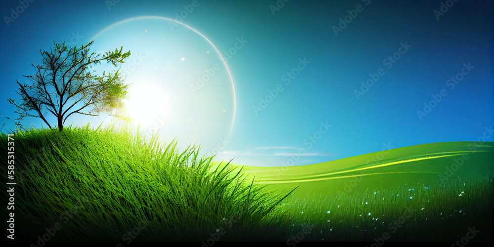 Beautiful natural landscape of a green field with grass against a blue sky with sun Beautiful natural landscape of a green field with grass against a blue sky with sun
