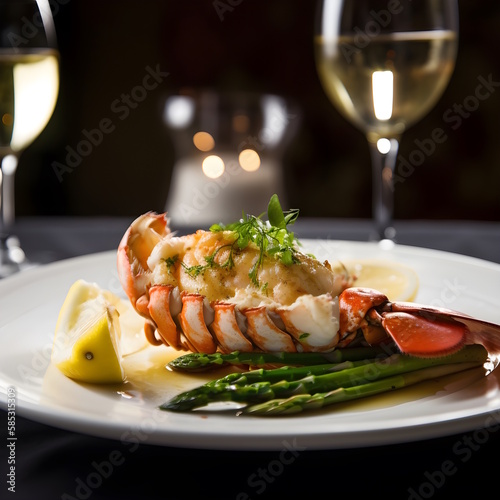 lobster tail with asparagus and white wine photo