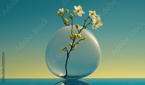  a glass vase with flowers in it on a blue surface.  generative ai © Anna