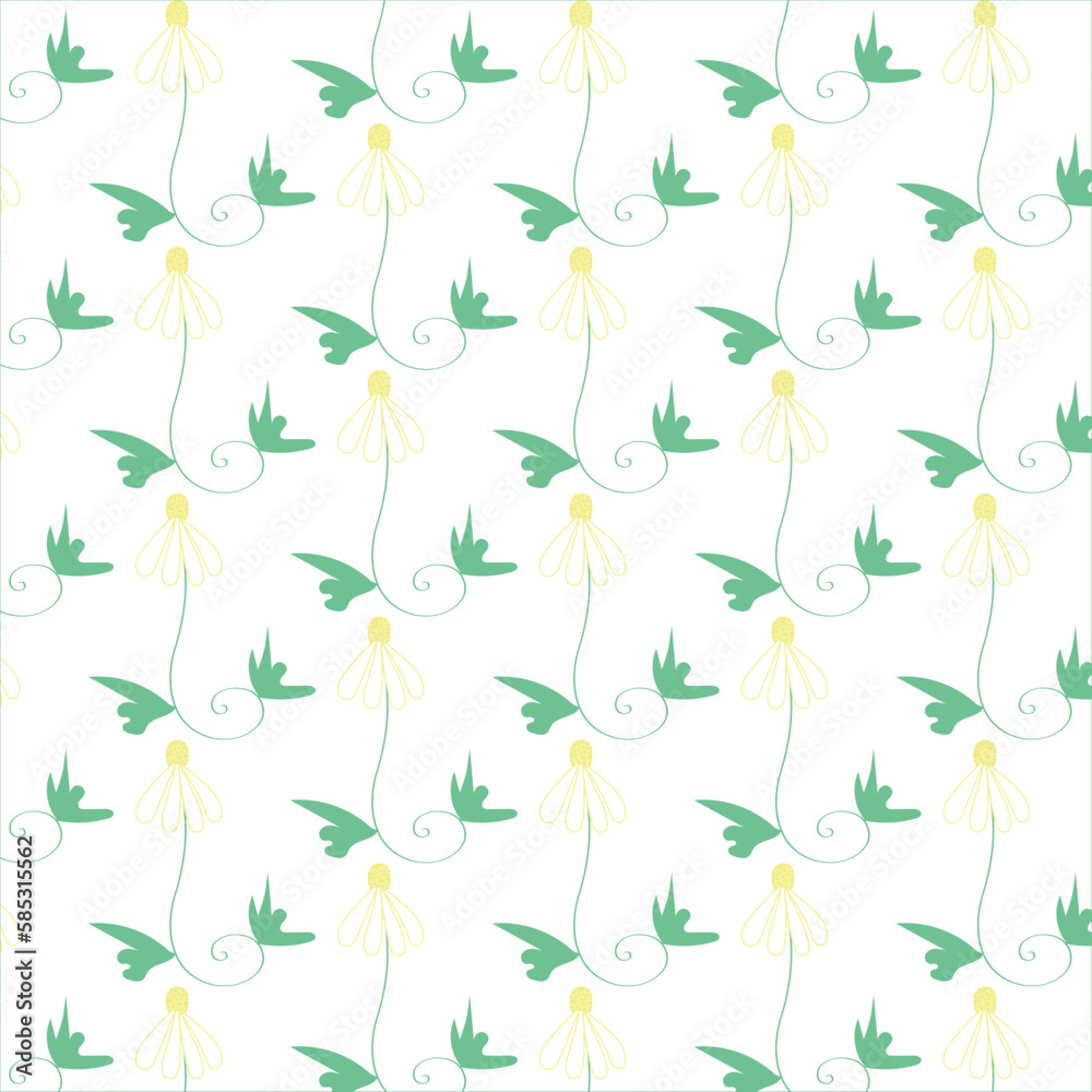 White background with chamomile flowers and leaves. Decorative seamless pattern for wrapping paper, wallpaper, textile, greeting cards and invitations.