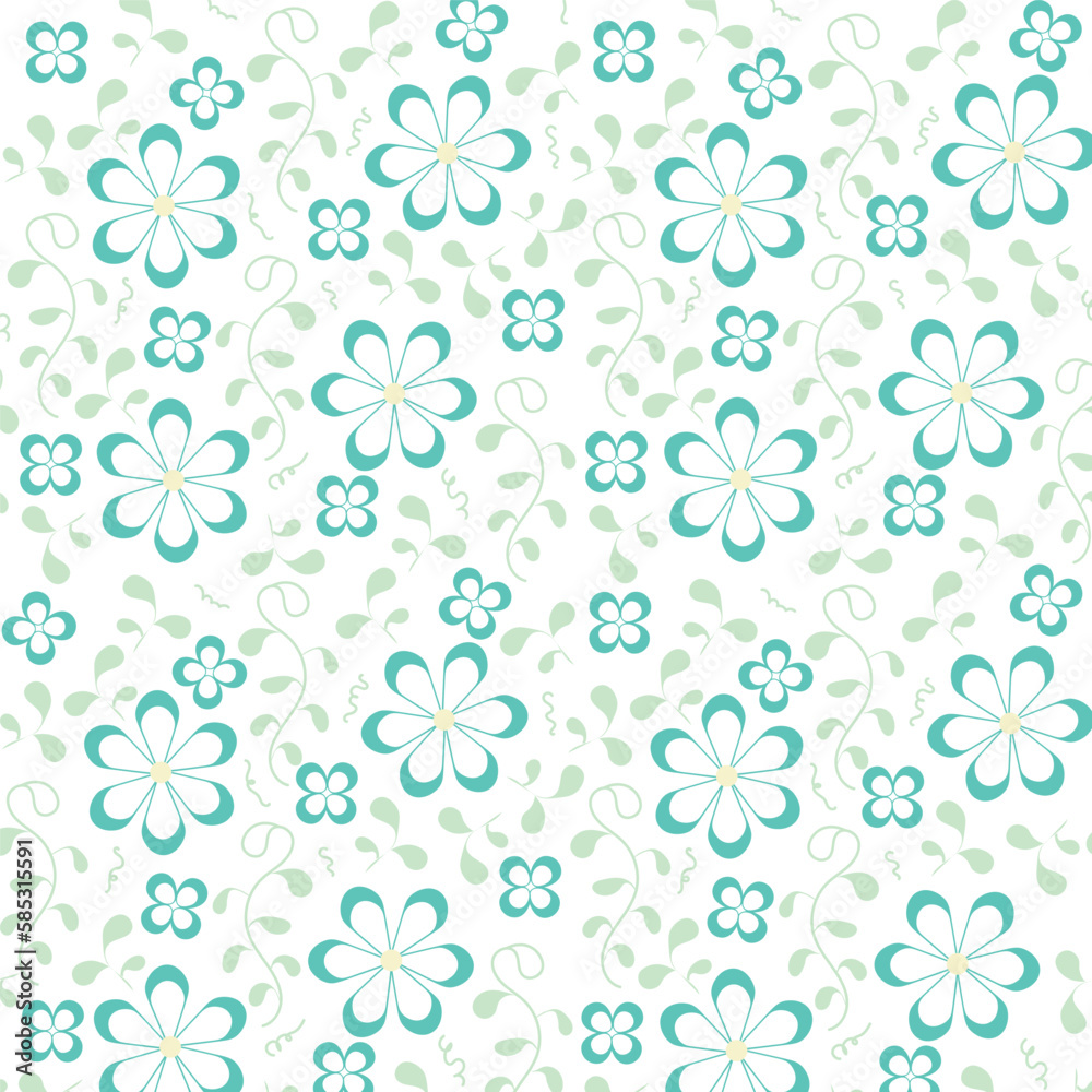 White background with blue flowers and leaves. Decorative seamless pattern for wrapping paper, wallpaper, textile, greeting cards and invitations.