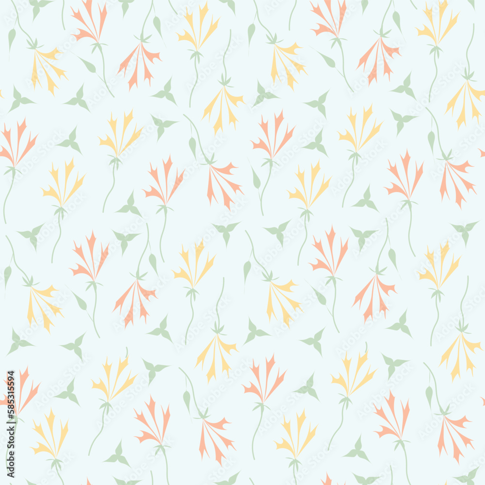 Blue background with pink and yellow flowers and leaves. Decorative seamless pattern for wrapping paper, wallpaper, textile, greeting cards and invitations.