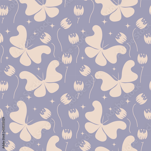 Purple background with beige flowers and butterflies. Decorative seamless pattern for wrapping paper  wallpaper  textile  greeting cards and invitations.