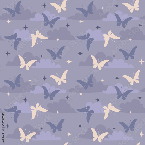 Purple background with purple butterflies and stars. Decorative seamless pattern for wrapping paper, wallpaper, textile, greeting cards and invitations.