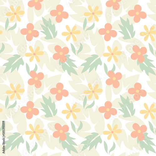 White background yellow and pink flowers and leaves. Decorative seamless pattern for wrapping paper, wallpaper, textile, greeting cards and invitations.