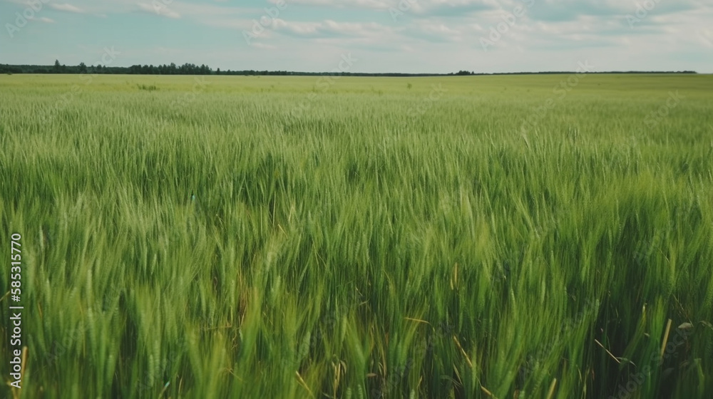 Beautiful juicy lush green grass on meadow against the sky in spring summers, purity and freshness nature landscape. Generative AI