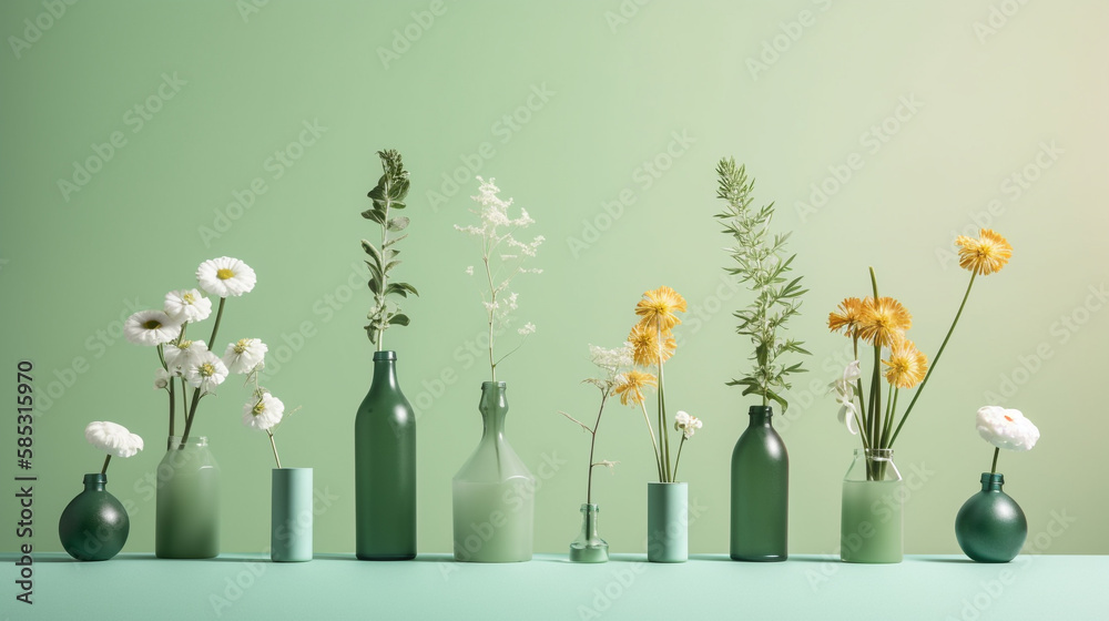 A variety of colorful blooming flowers in vases on the table with green background. Generative AI A variety of colorful blooming flowers in vases on the table with green background. Generative AI