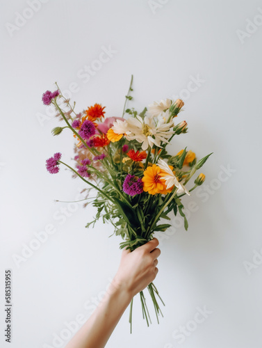 Girls hands holding beautiful bouquet flowers over white background, front view, women's day, valentines day, mothers day. Generative AI