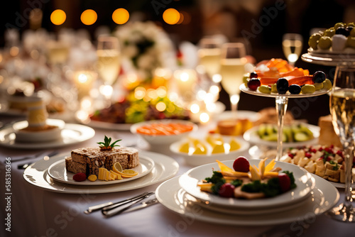 Catering Table Tasty Food Banquet Arrangement Full Of Food - Generative AI © FotoIdee
