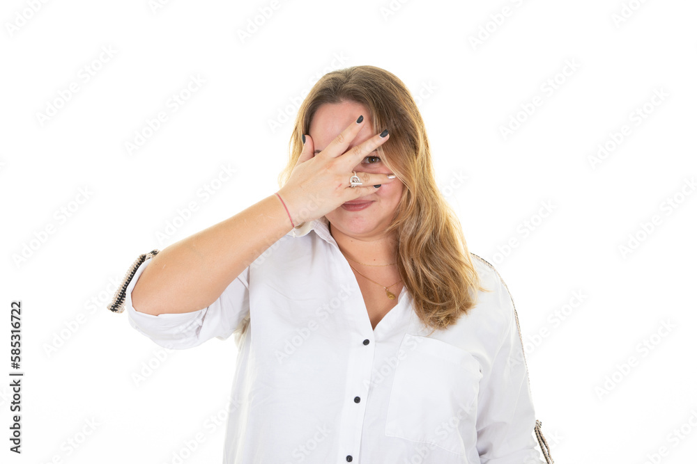 shy woman blonde young chubby hiding behind hand palm portrait on white background shy woman blonde young chubby hiding behind hand palm portrait on white background