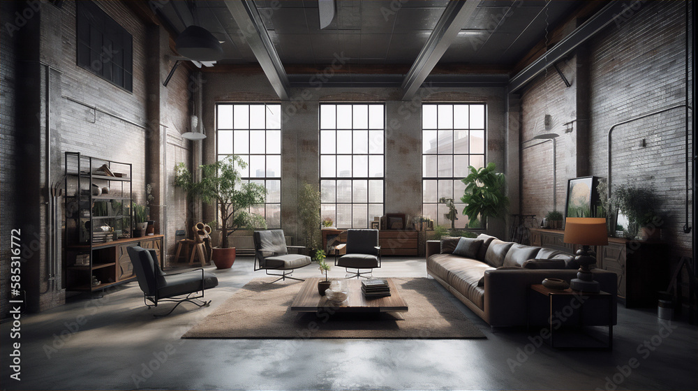 living room loft in an industrial style. Generative AI living room loft in an industrial style. Generative AI