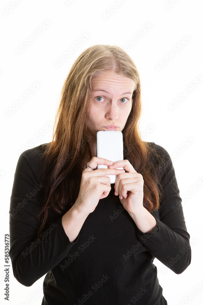 portrait blonde woman mobile phone on chin being in doubt and thinking stressed portrait blonde woman mobile phone on chin being in doubt and thinking stressed