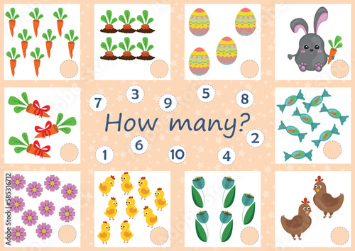 Easter games collection for kids. How many items on picture? Counting for preschool. Funny bunny, carrot, chicken, flowers. Page for coloring book, leisure activity task for children. 