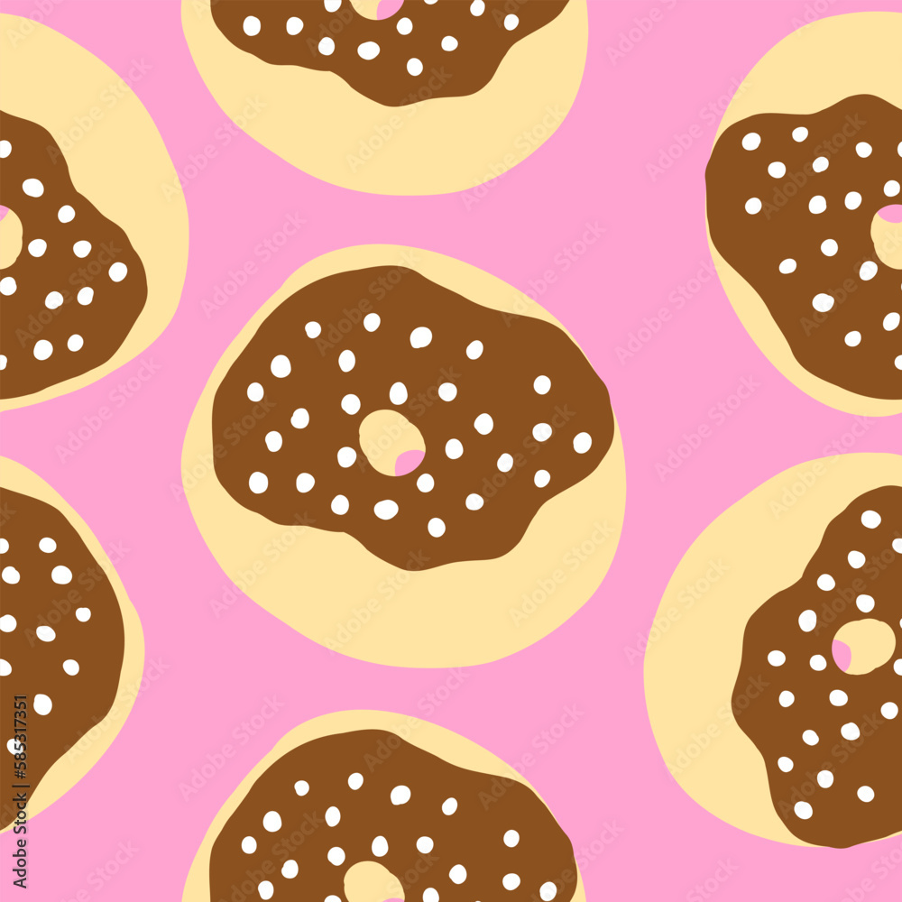 Seamless pattern of donut rings in cartoon flat style. White hearths sprinkles on a pink cream with chocolate base. Sweet bakery. Vector colorful illustration isolated on light background. Seamless pattern of donut rings in cartoon flat style. White hearths sprinkles on a pink cream with chocolate base. Sweet bakery. Vector colorful illustration isolated on light background.