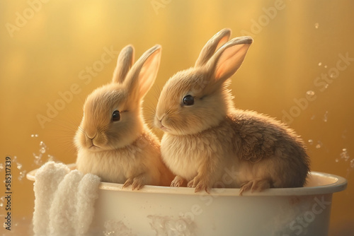 Two cute baby brown rabbit In the bathtub blurred light with generative AI technology