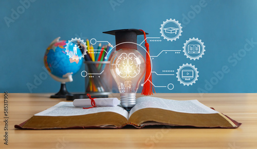 E-learning education,Innovative learning, creative educational study concept for graduation, global business study, abroad educational, and Back to School. photo