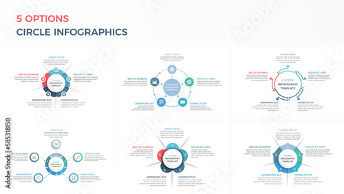 Set of circle infographic templates with five options or steps
