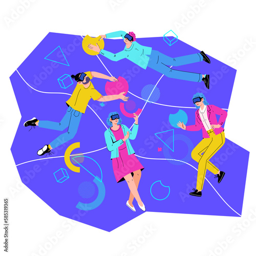 Metaverse 3D virtual reality technology for business tasks. Business team people interacting in a virtual reality, VR application, flat vector illustration isolated on white background.