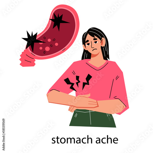 Stomach pain and chronic gastritis, stomach ache banner or poster design. Diseases of digestive system of body and premenstrual syndrome symptom, flat cartoon vector illustration isolated.