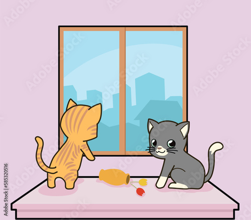 2 cat at  windows , solid color illustration