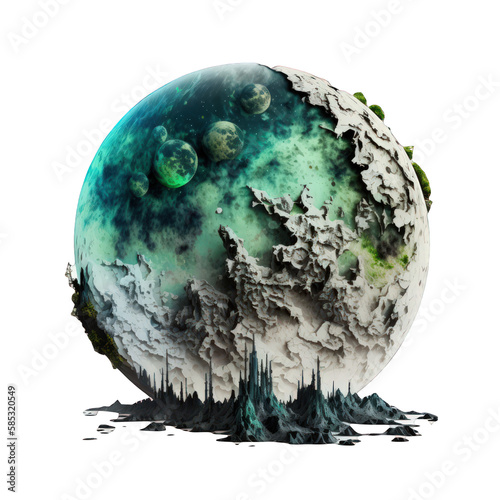 A breathtakingly realistic image of an otherworldly planet, floating against a clear background, allows the viewer to glimpse into the inconceivable expanse of space.Generative AI photo