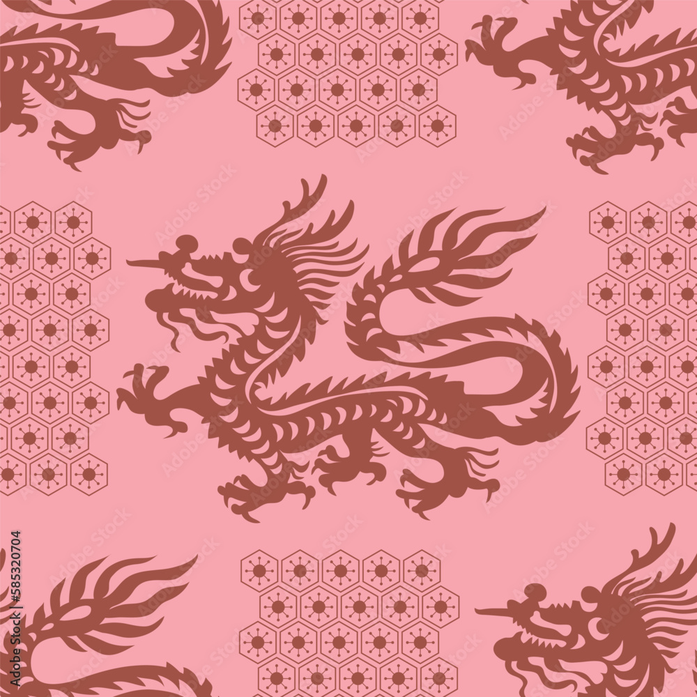 Fototapeta premium Traditional Japanese, Chinese seamless pattern with Dragon, fan, sakura, clouds, bonsai, sea vawes Abstract art vintage background texture, textile, kimono, cover, paper Vector illustration