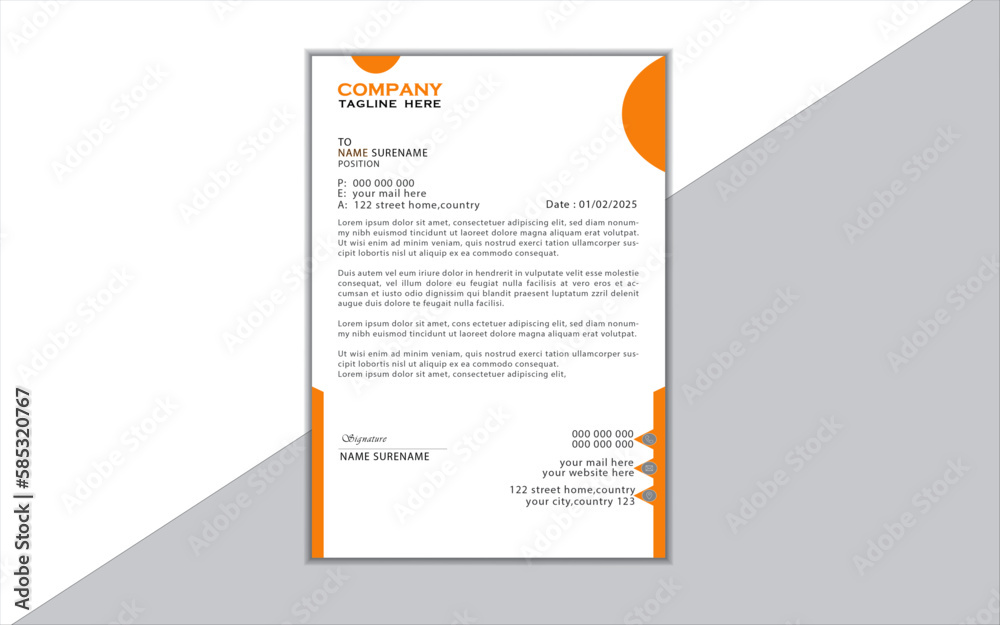 Abstract Corporate Business Style Letterhead Design Vector Template For Your Project. SimplAbstract corporate modern and Minimal Business Letterhead with Orange Accent.Vector illustration.