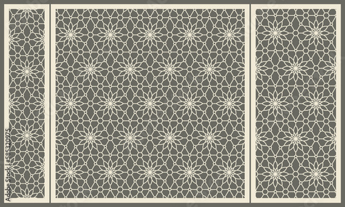 Geometric floral pattern is woven into an abstract pattern with circles. Laser cutting of a decorative panel. Template for cutting plywood, wood, paper, cardboard and metal.