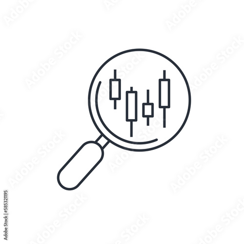 Magnifying glass and  сandlestick chart. Exchange trading analytics.Vector linear icon isolated on white background.
