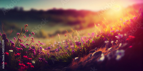 Beautiful natural spring summer landscape of a flowering meadow in a hilly area on a bright sunny day. Many flowers in a field in green grass with defocused bokeh lights and flare effect