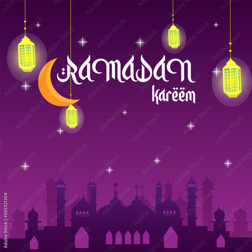 Ramadan kareem poster design with mosque ornaments and lanterns
