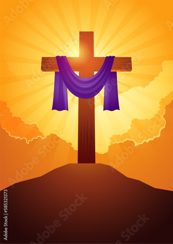 Wooden cross with purple sash on clouds and light burst