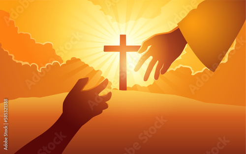 God hand reaching out for human hand with cross on hill as the background
