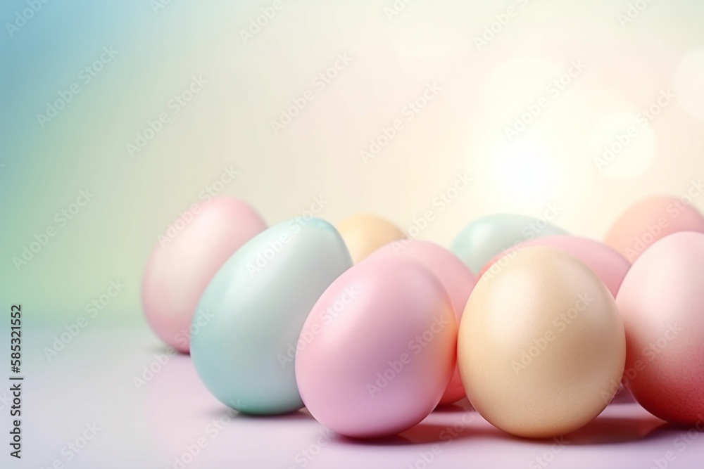 Pastel Easter Eggs on a pastel background banner, Minimalist Easter background. Generative AI	