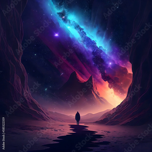 A person in front of the galaxy