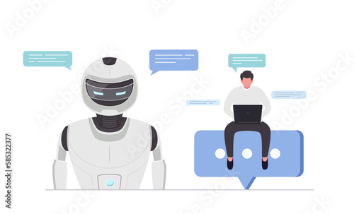 Chat bot with artificial intelligence, digital assistant concept. Man communicates with AI through dialogue.