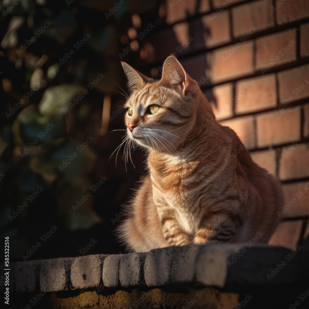 Cute domestic cat sitting next to brick wall in the garden. Made with Generative AI. Cute domestic cat sitting next to brick wall in the garden. Made with Generative AI.