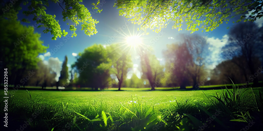 Beautiful spring nature with a neatly trimmed lawn surrounded by trees against a blue sky with clouds on a bright sunny day with defocused bokeh lights and flare effect