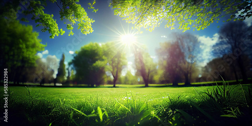 Beautiful spring nature with a neatly trimmed lawn surrounded by trees against a blue sky with clouds on a bright sunny day with defocused bokeh lights and flare effect ©  Is there a delight?
