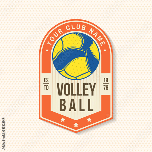 Volleyball club patch, sticker design. Vector illustration. For college league sport club emblem, sign, logo. Vintage monochrome label, sticker, patch with volleyball ball silhouettes.
