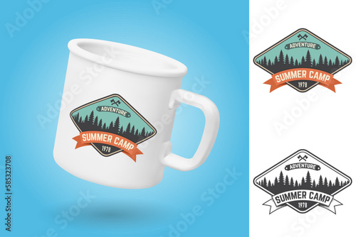 White camping cup. Realistic mug mockup template with sample design. Summer camp patch. Vector. Vintage typography design with axes and forest silhouette. Outdoor adventure