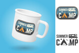 White camping cup. Realistic mug mockup template with sample design. Summer camp. Vector. Vintage typography design with rv trailer, camping tent and forest silhouette