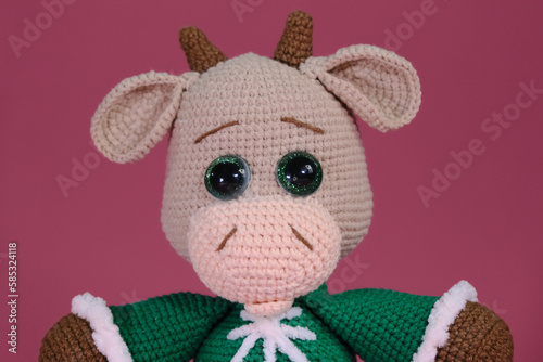 Cute little cow crocheted, handmade art. Amigurumi one brown bull wears green sweater and sits on pink background. A soft DIY toy made of natural cotton and wool. Close up portrait.