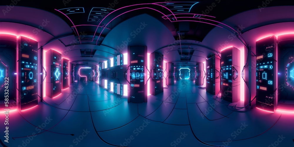 Photo of a sleek and modern hallway illuminated by neon lights with a futuristic clock on the wall
