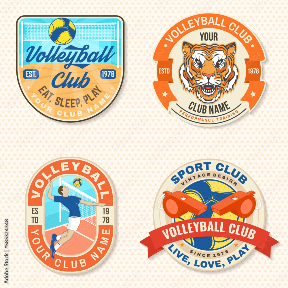 Set of Volleyball club emblem, patch, sticker. Vector illustration. For college league sport club emblem, sign, logo. Vintage monochrome label, sticker, patch with volleyball ball silhouettes.