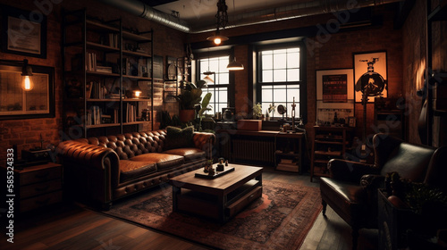 living room loft in an industrial style. Generative AI © Jandrie Lombard