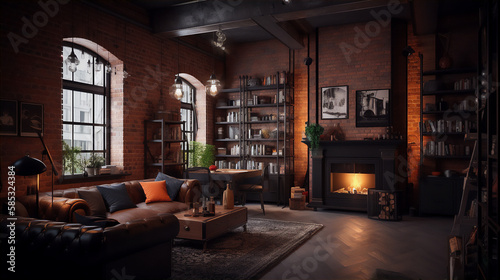 living room loft in an industrial style. Generative AI © Jandrie Lombard