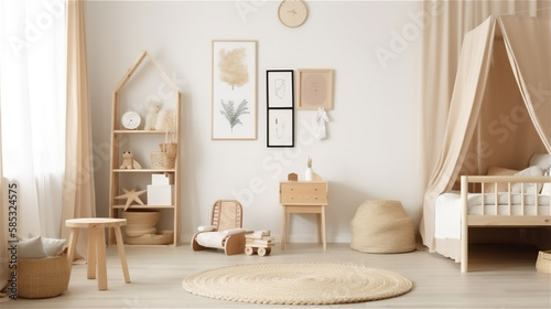 children s room with natural wooden furniture and a farmhouse-style interior background. Generative AI